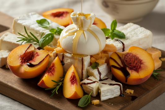 Summer peaches meet the sweet, savory, and spicy sides of Raven’s Rose in three simple seasonal preparations featuring Black Garlic Balsamic Reduction, Black Garlic Honey, and Hot Honey.